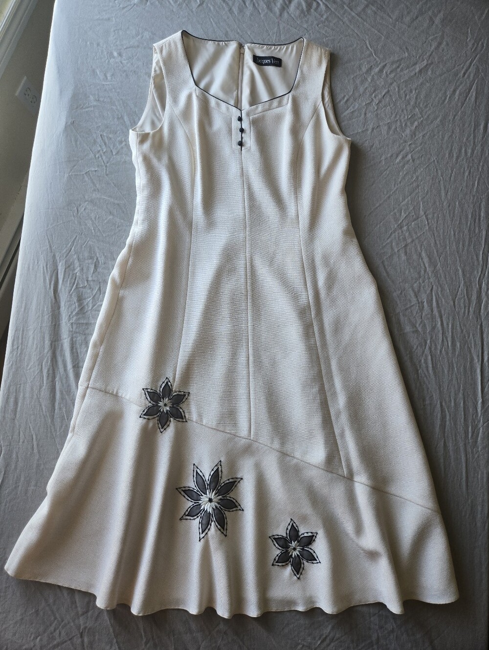 Jacques Vert Sleeveless Cream Midi Dress with Black Floral Appliqué
